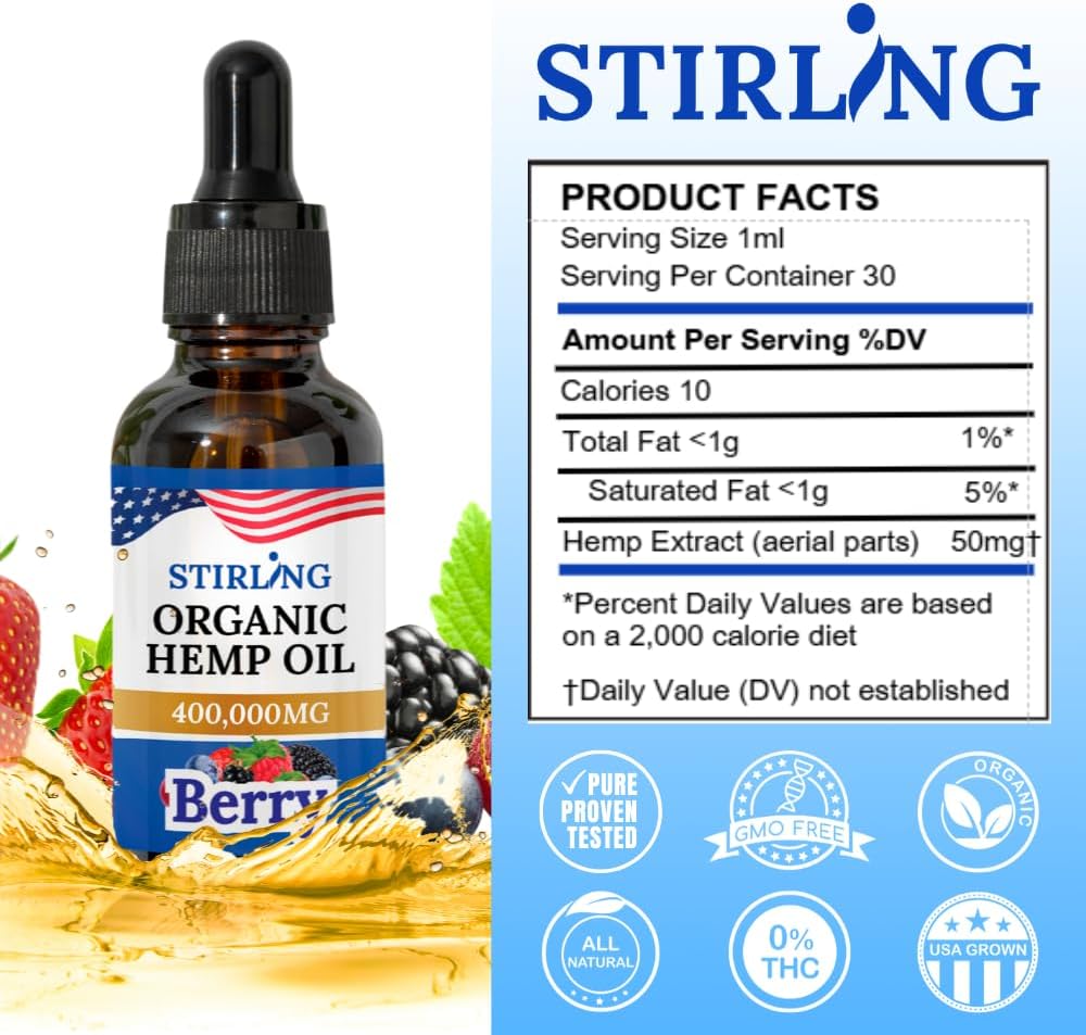 Stirling Organic Hemp Oil - 400,000mg Natural Berry Flavor - Enhances Sleep and Helps Reduce Discomfort - THC-Free, Non-GMO, Gluten-Free, High in Omega 3 6 9 - Premium U.S. Hemp Seed Oil - Image 7