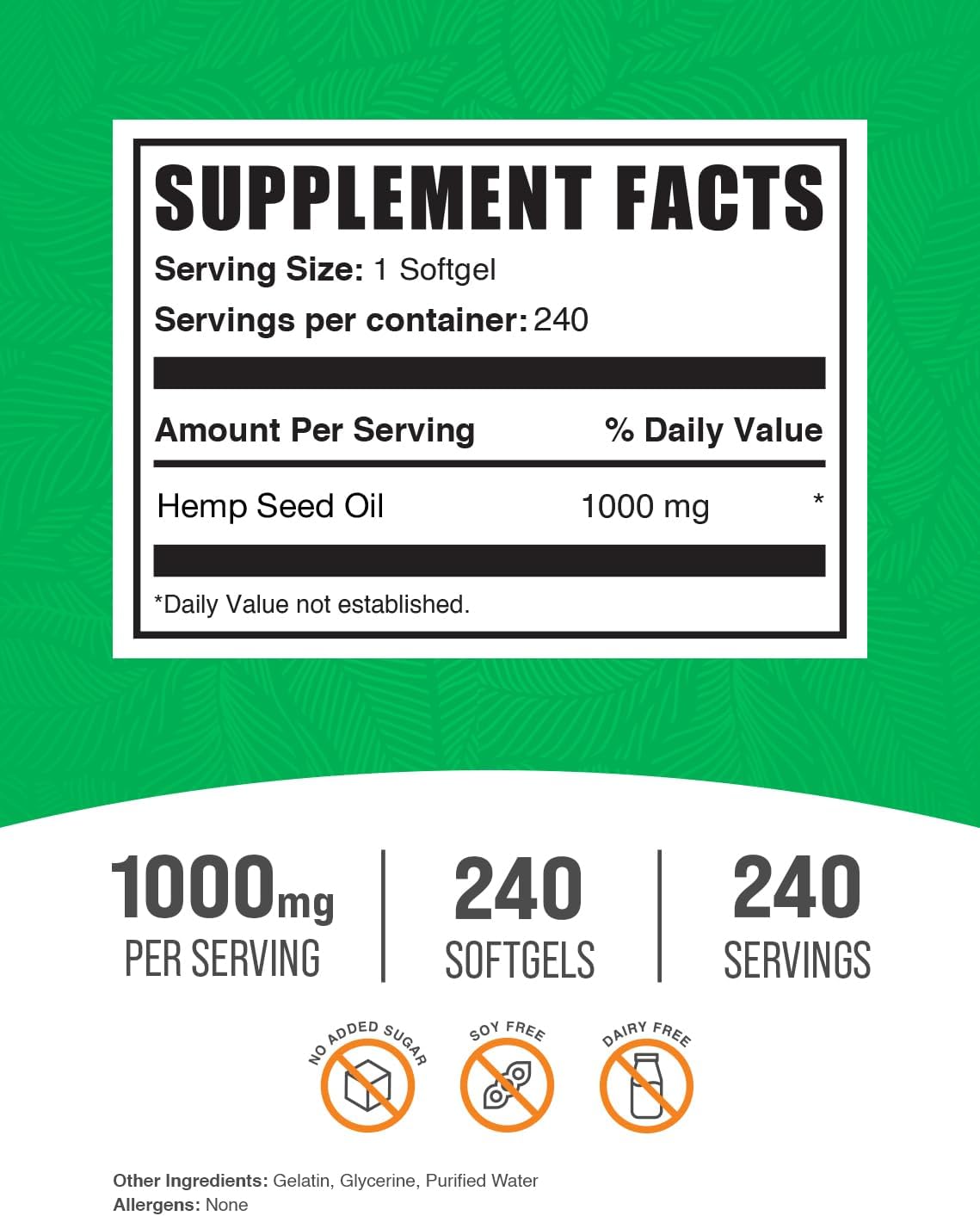 BulkSupplements.com Hemp Seed Oil Softgels - Omega 3 Supplement, Herbal Supplement, Hemp Seed Oil 1000mg - Gluten Free, 1 Softgel per Serving, 240 Count (Pack of 1) - Image 2