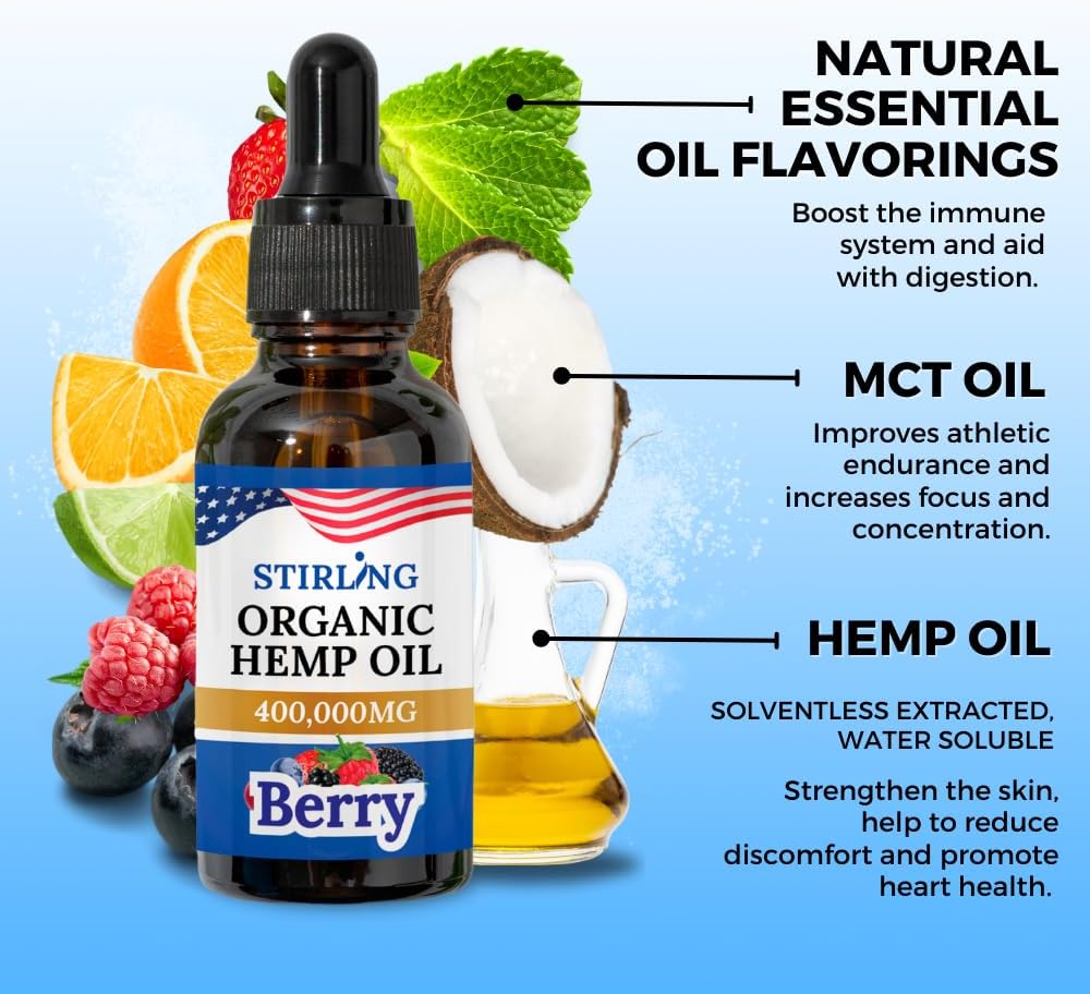 Stirling Organic Hemp Oil - 400,000mg Natural Berry Flavor - Enhances Sleep and Helps Reduce Discomfort - THC-Free, Non-GMO, Gluten-Free, High in Omega 3 6 9 - Premium U.S. Hemp Seed Oil - Image 6
