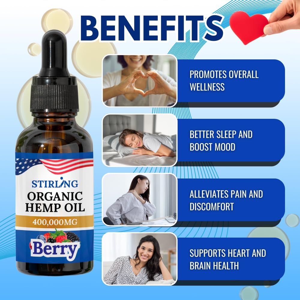 Stirling Organic Hemp Oil - 400,000mg Natural Berry Flavor - Enhances Sleep and Helps Reduce Discomfort - THC-Free, Non-GMO, Gluten-Free, High in Omega 3 6 9 - Premium U.S. Hemp Seed Oil - Image 2