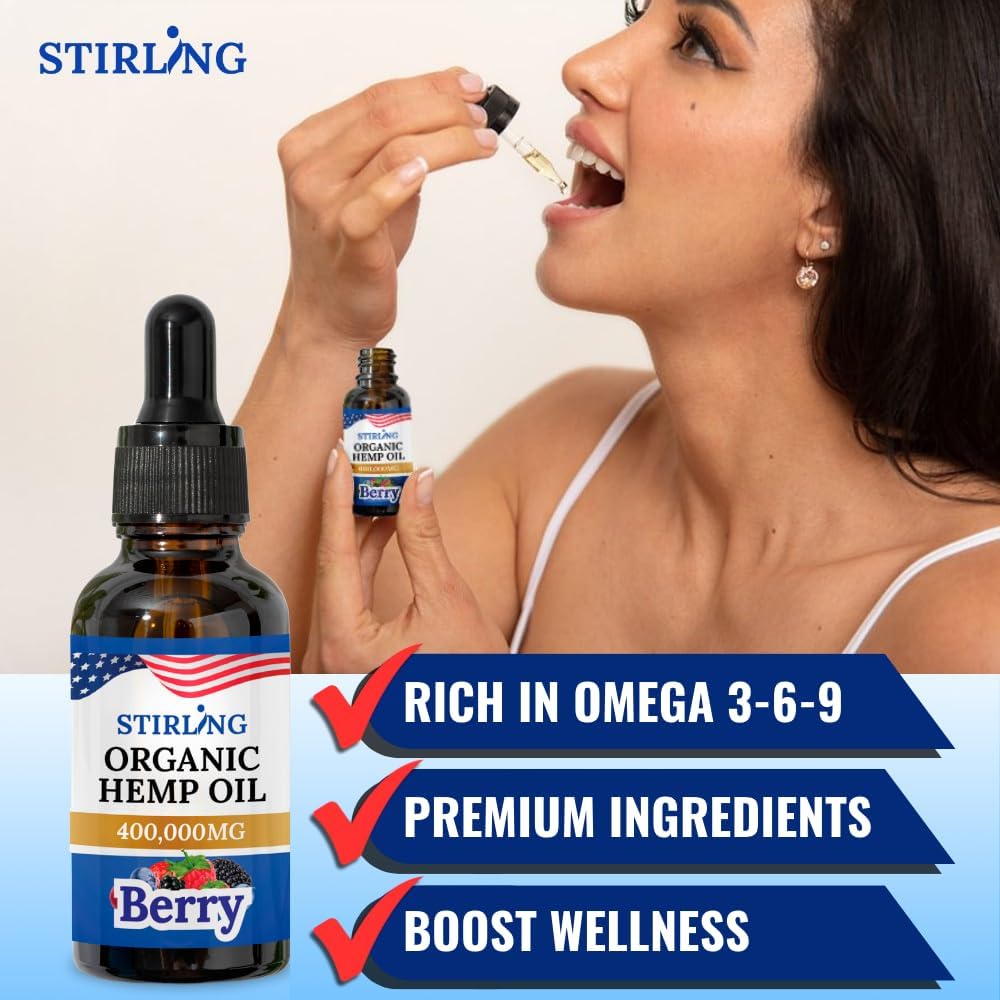 Stirling Organic Hemp Oil - 400,000mg Natural Berry Flavor - Enhances Sleep and Helps Reduce Discomfort - THC-Free, Non-GMO, Gluten-Free, High in Omega 3 6 9 - Premium U.S. Hemp Seed Oil - Image 3