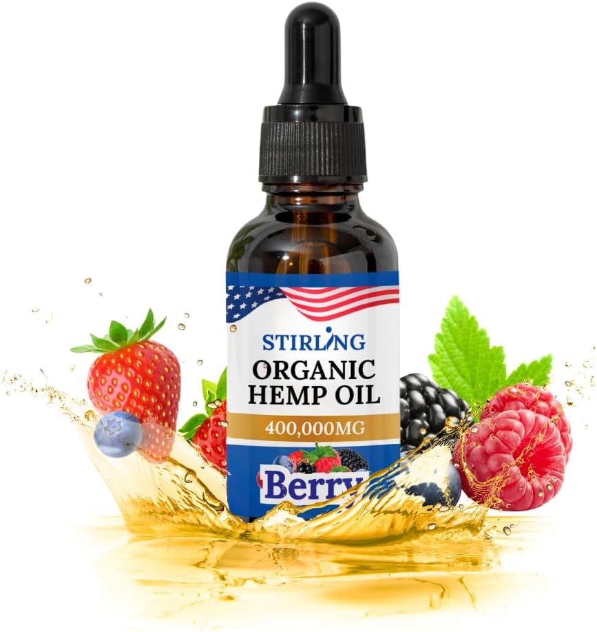 Stirling Organic Hemp Oil - 400,000mg Natural Berry Flavor - Enhances Sleep and Helps Reduce Discomfort - THC-Free, Non-GMO, Gluten-Free, High in Omega 3 6 9 - Premium U.S. Hemp Seed Oil