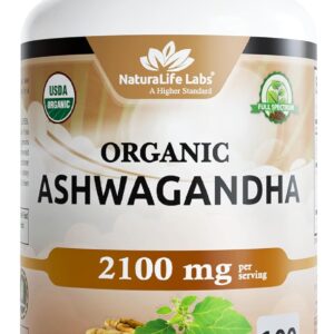NaturaLife Labs Organic Ashwagandha 2100 mg per Serving – Herbal Supplement Root Powder & Extract – 100 Capsules – Vegan, Non-GMO, Gluten-Free