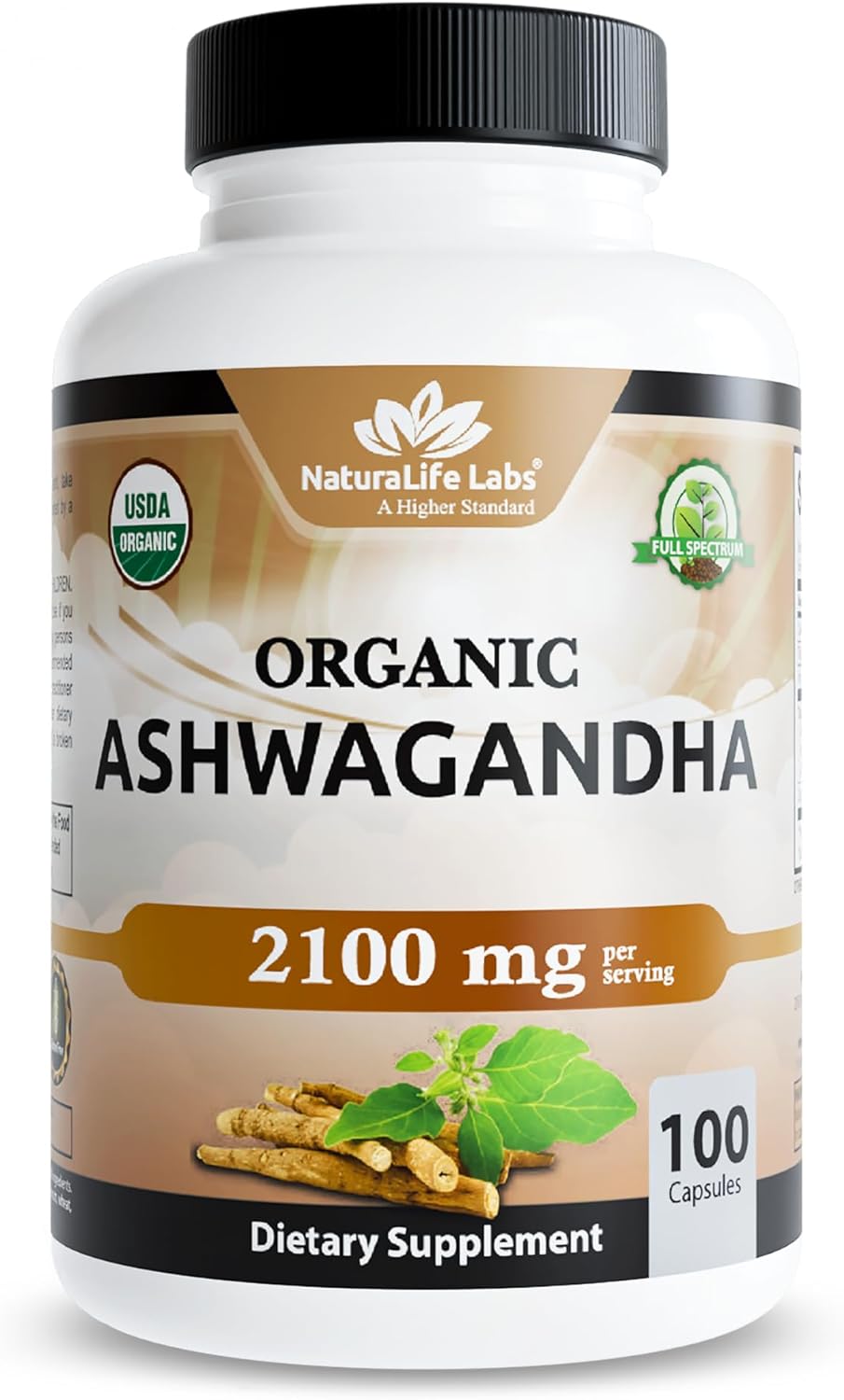 NaturaLife Labs Organic Ashwagandha 2100 mg per Serving – Herbal Supplement Root Powder & Extract – 100 Capsules – Vegan, Non-GMO, Gluten-Free