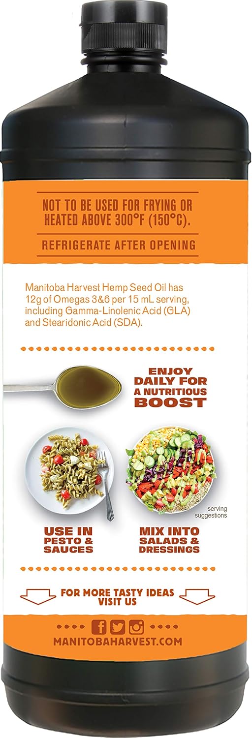 Manitoba Harvest Hemp Seed Oil, Cold Pressed, Premium Quality, 12g of Omegas 3 & 6 Per Serving, Hydrate & Nourish Skin - Non GMO, Vegan, Gluten Free, Great for cooking, salad dressings, 32 Fl Oz - Image 5