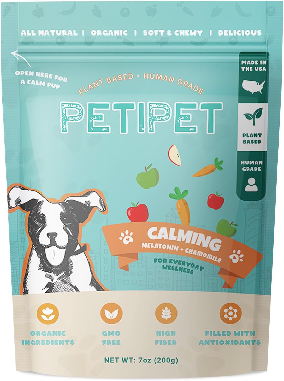 Petipet Calming Chews for Dogs - Plant-Based Calming Supplement w/Melatonin+Chamomile - Calming Aid Soft & Chewy Treats for Relaxing, Stress, Separation, Anxiety Relief, Puppies, Small & Large Breeds