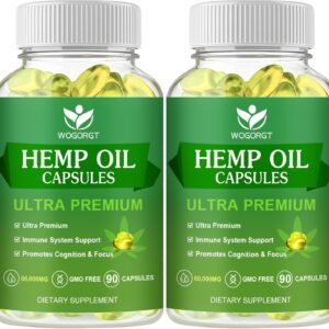 (2Pack) Hemp Oil Capsules - 60,000 Maximum Strength, Immune Support, Focus Calm, Relaxation, Mood, Rich in Omega 3, 6, 9 Fatty Acids - 90 Capsules