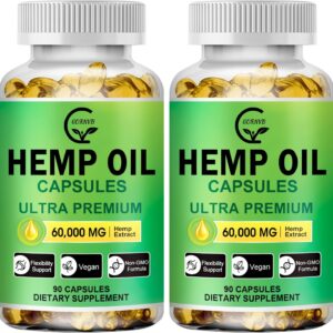 (2-Pack) High Potency Hemp Oil Capsules - 180 Veggie Softgels - 60,000 Maximum Strength, Immune System Support, Focus Calm, Relaxation, Mood, Pure Extract, Organic, Vegan, Non-GMO