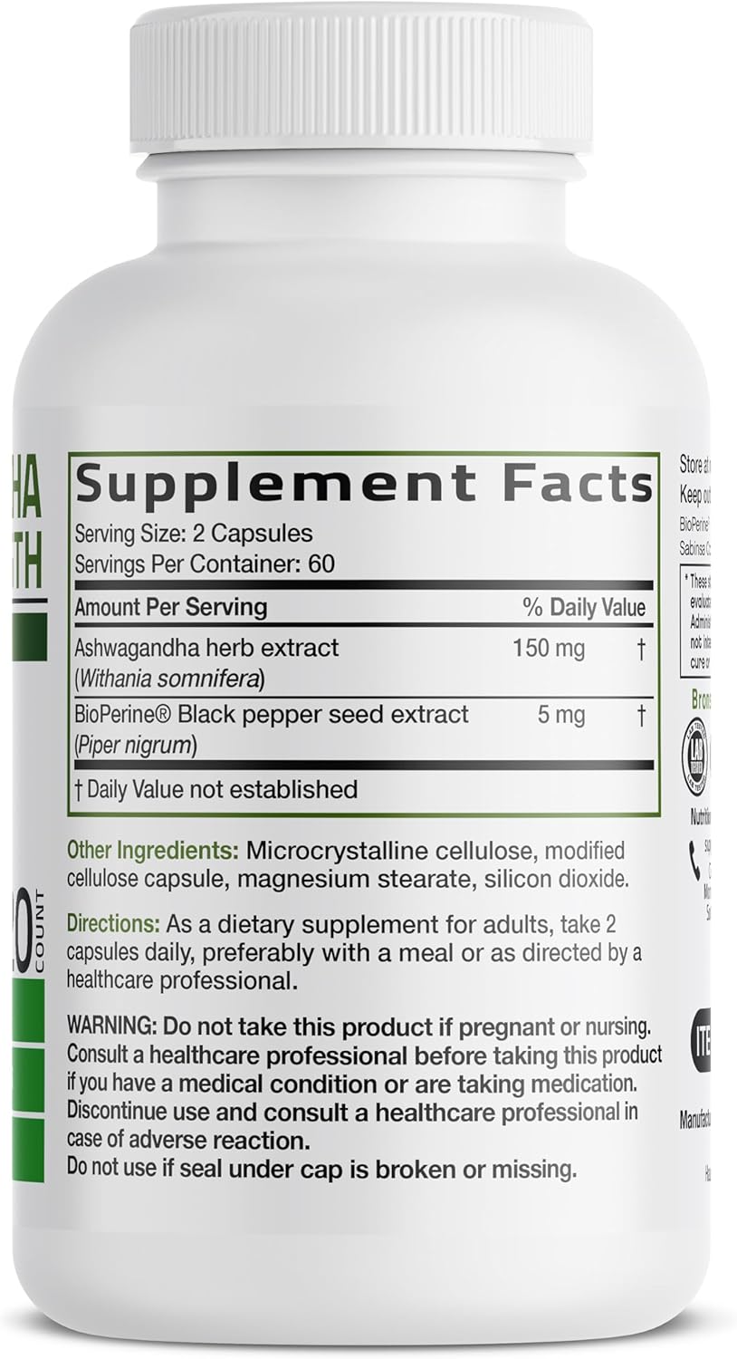 Bronson Ashwagandha Extra Strength Stress & Mood Support with BioPerine - Non GMO Formula, 120 Vegetarian Capsules - Image 2