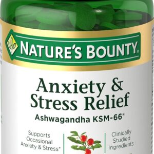 Nature's Bounty Stress Relief, Ashwagandha KSM-66, Supports Occasional Stress Relief, Dietary Supplement, 2 Tablets per Day, Vegetarian Tablets, Gluten Free, 90 Ct