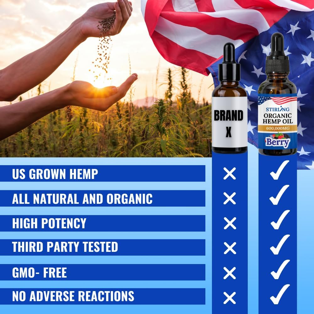 Stirling Organic Hemp Oil - 400,000mg Natural Berry Flavor - Enhances Sleep and Helps Reduce Discomfort - THC-Free, Non-GMO, Gluten-Free, High in Omega 3 6 9 - Premium U.S. Hemp Seed Oil - Image 5