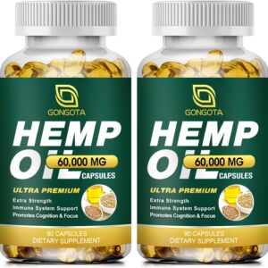 Hemp Oil Capsules - 100% Organic Hemp Oil, 60,000 Max Strength, Supports Immune, Skin, Calm, Sleep & Overall Health - 180 Veggie Softgels