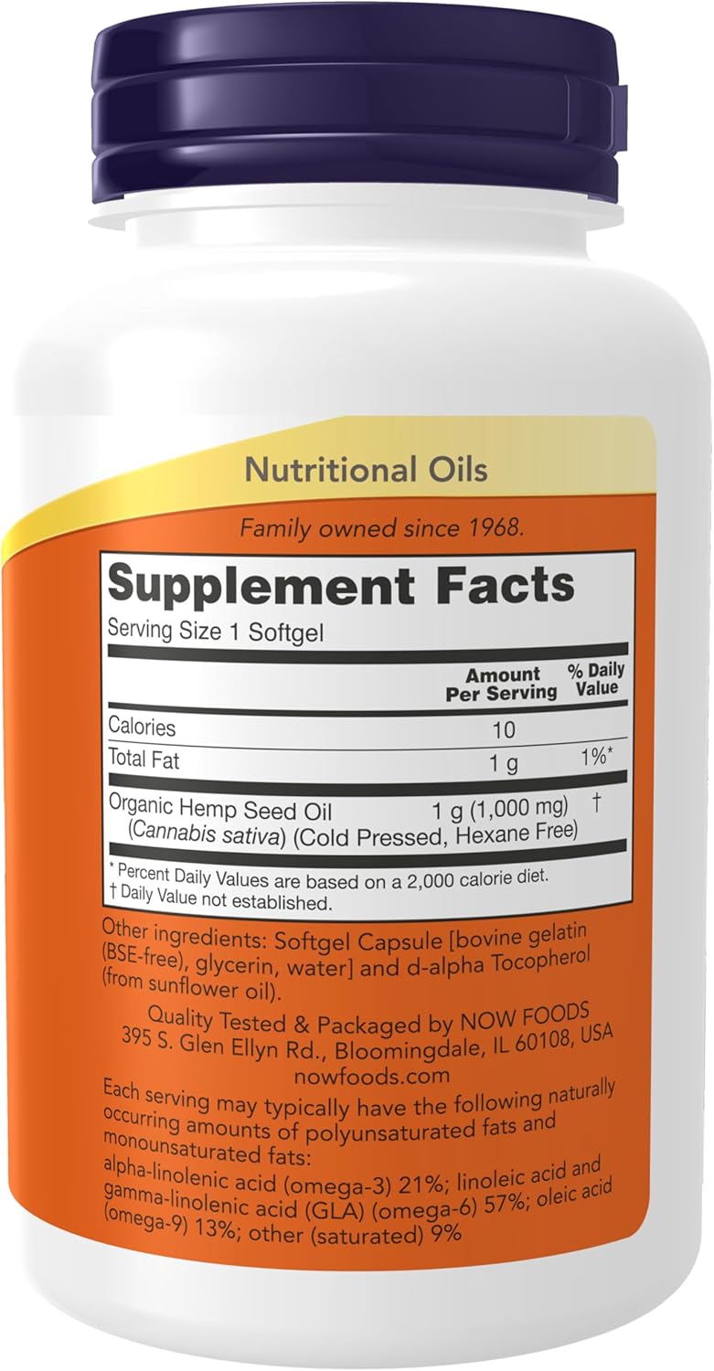 NOW Foods Supplements, Hemp Seed Oil 1,000 mg, Essential Fatty Acids, Nutritional Oil, 120 Softgels - Image 2