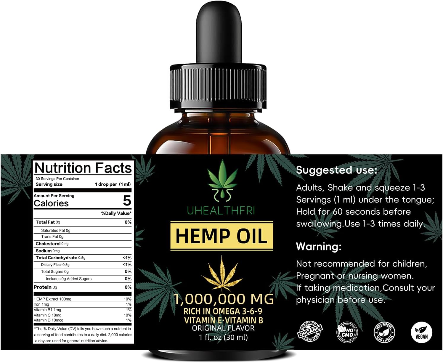 Hemp Oil, Pure Organic Hemp Seed Oil Drops, Non-GMO, Vegan Hemp Extract Oil Tincture with Omega 3, 6, 9 of 4 Pack - Image 6