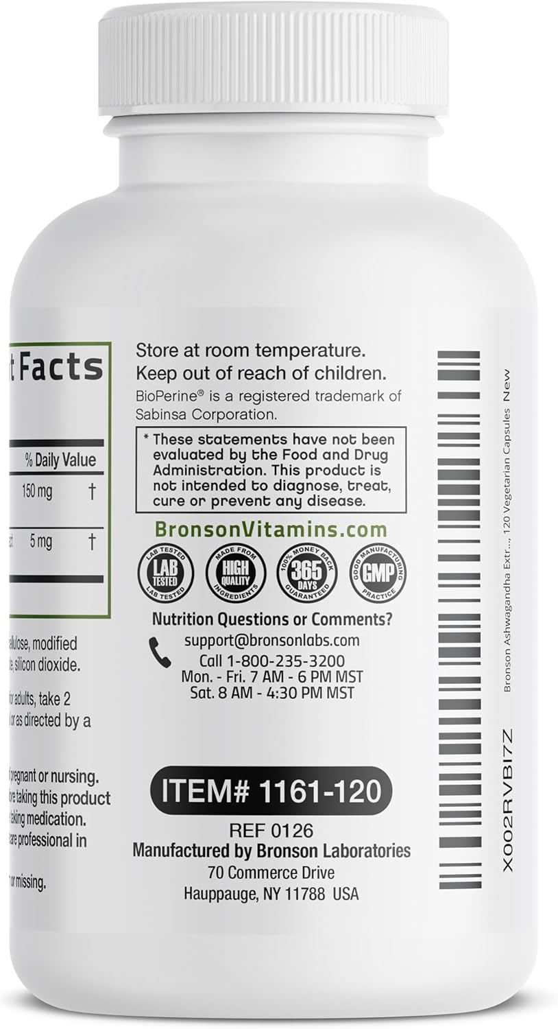 Bronson Ashwagandha Extra Strength Stress & Mood Support with BioPerine - Non GMO Formula, 120 Vegetarian Capsules - Image 7