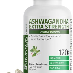 Bronson Ashwagandha Extra Strength Stress & Mood Support with BioPerine - Non GMO Formula, 120 Vegetarian Capsules