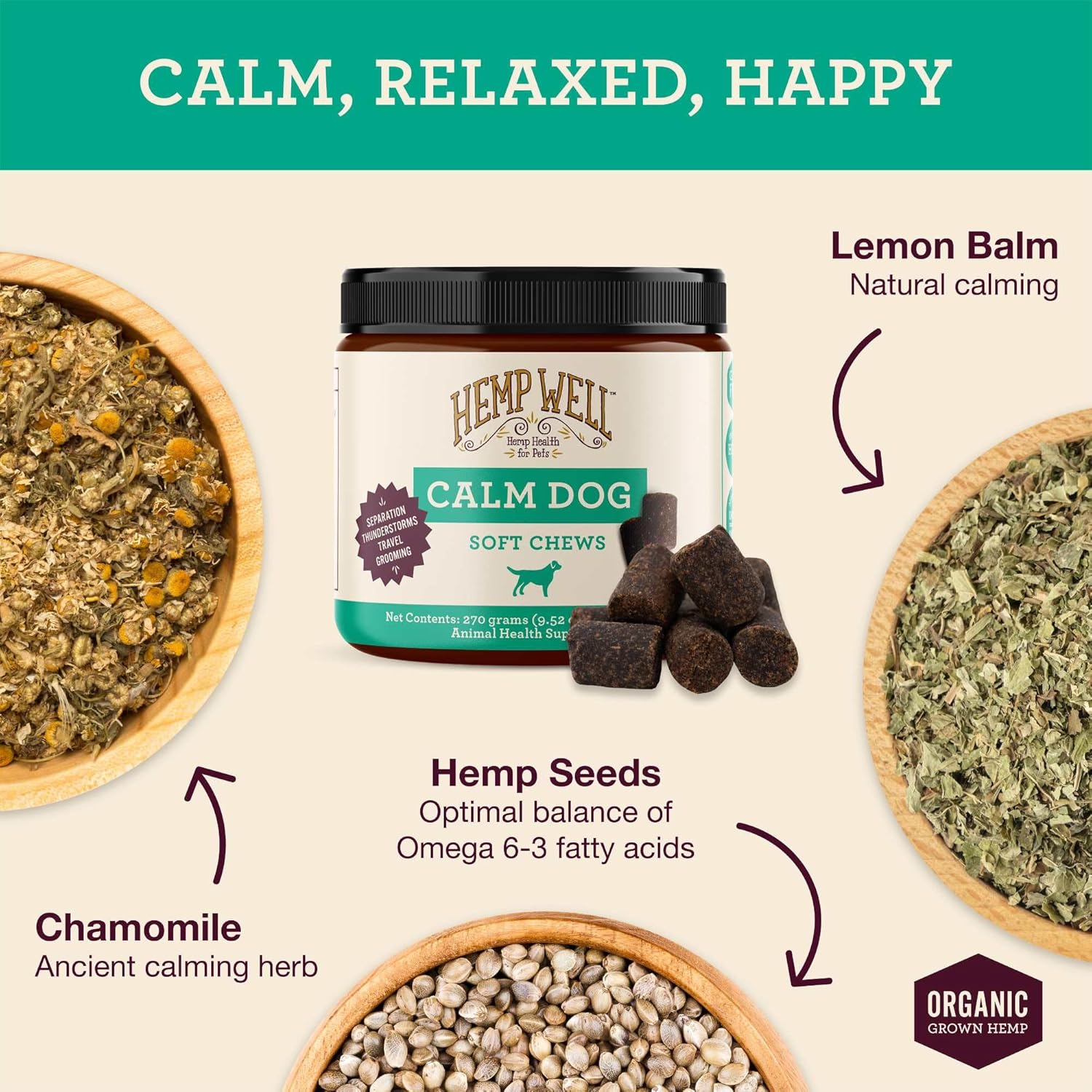 Hemp Well Calm Dog Soft Chews: Organic Hemp Infused with Melatonin - Calming Chews for Separation, Thunderstorms, and Stress - 8 Chews - Image 2