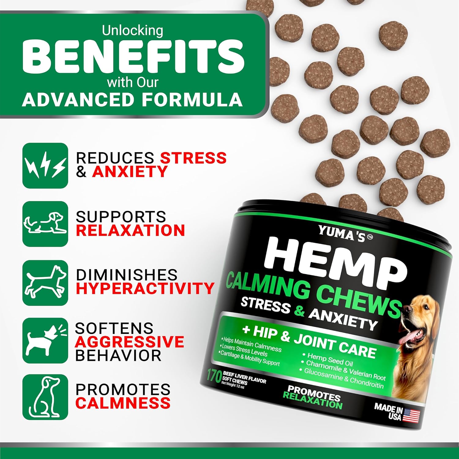 Hemp Calming Chews for Dogs - Advanced Dog Calming Chews - 170 Treats - Anxiety Relief Treats - Hemp Oil - Separation Aid, Stress, Hip and Joint Supplement for Canine Health Support - Beef Flavor - Image 2
