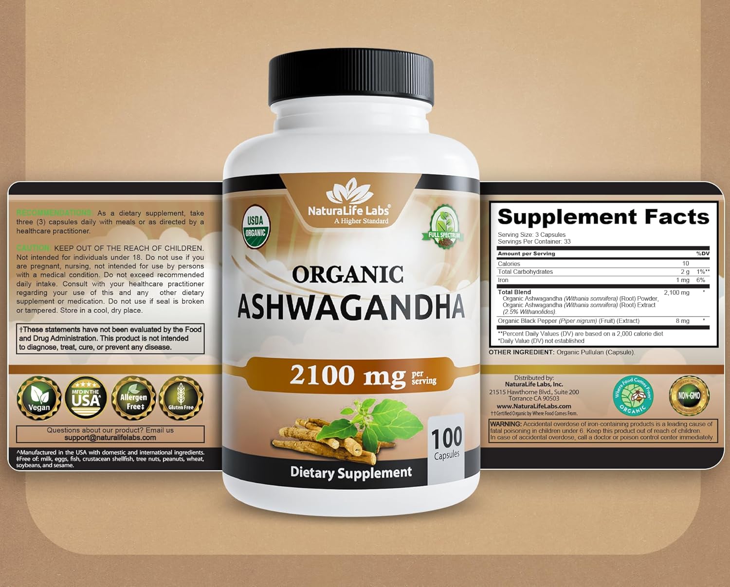 NaturaLife Labs Organic Ashwagandha 2100 mg per Serving – Herbal Supplement Root Powder & Extract – 100 Capsules – Vegan, Non-GMO, Gluten-Free - Image 8