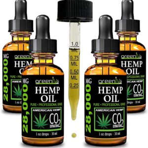 GreenIVe Hemp Oil Drops 28,000mg – Naturally Grown, Vegan, Rich in Omegas – Premium Hemp Oil Dropper – Non-GMO, Made in USA – 30mL (4 Pack)