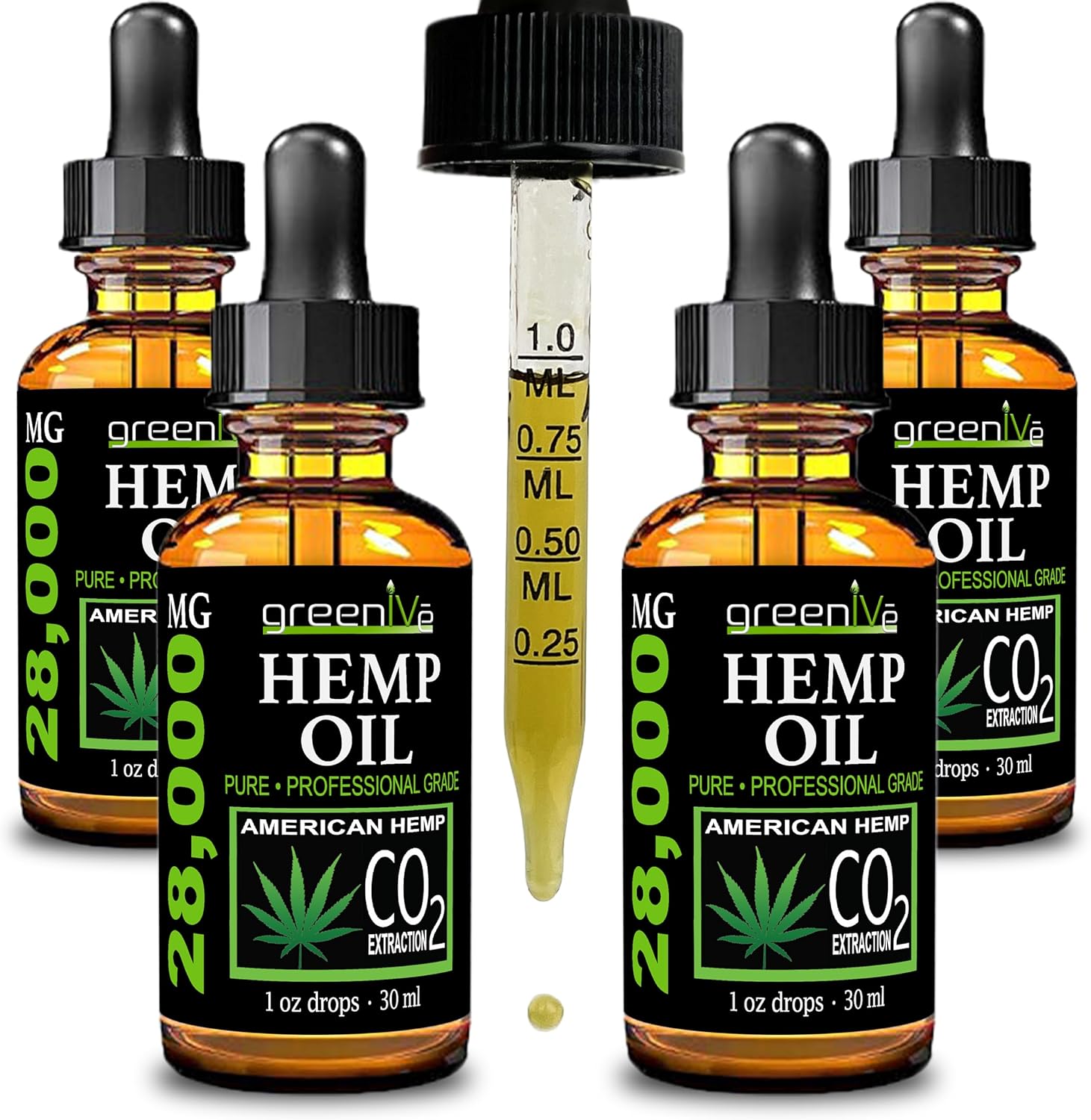 GreenIVe Hemp Oil Drops 28,000mg – Naturally Grown, Vegan, Rich in Omegas – Premium Hemp Oil Dropper – Non-GMO, Made in USA – 30mL (4 Pack)