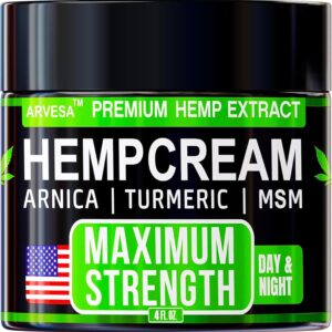 Hemp Cream Maximum Strength with Glucosamine, Arnica, Turmeric, MSM - Natural Hemp Oil Gel Rub - Fast Absorption, Non-Greasy - Advanced Formula - Formulated in USA - 4 FL OZ