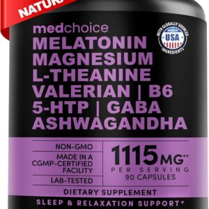 12-in-1 Melatonin Sleep Capsules - Natural Sleep Aids for Adults with Melatonin 5mg and Magnesium Glycinate 500mg, Sleep Aid with Ashwagandha, L Theanine, Valerian Root, GABA, 5-HTP (90ct, Pack of 1)