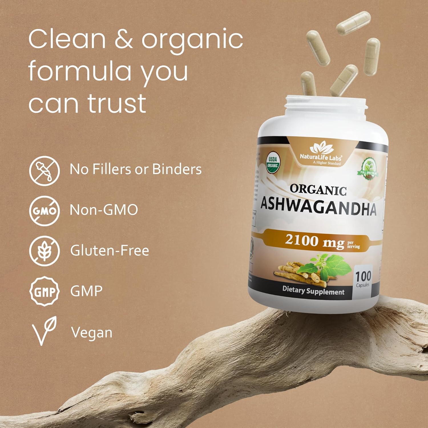 NaturaLife Labs Organic Ashwagandha 2100 mg per Serving – Herbal Supplement Root Powder & Extract – 100 Capsules – Vegan, Non-GMO, Gluten-Free - Image 6