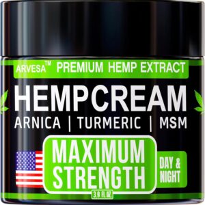 Hemp Cream - Maximum Strength - Natural Hemp Oil Extract Gel Rub with MSM - Glucosamine - Arnica - Turmeric - Maximum Strength - Formulated in USA - 3.9 oz