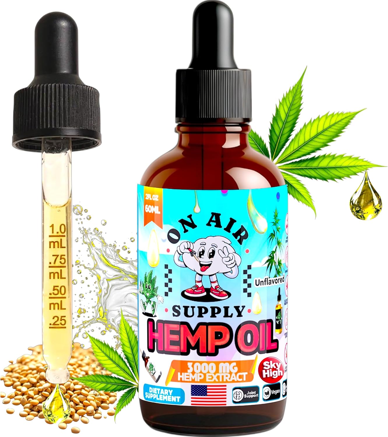 Hemp Oil - Organic Unflavored 2FL/60ML 3,000MG High Potency Drops Full-Spectrum Extract Hemp Oil for Skin & Hairs with Omega 3-6-9 & Vitamins C+E Natural Immune & Sleep Support – Made in USA