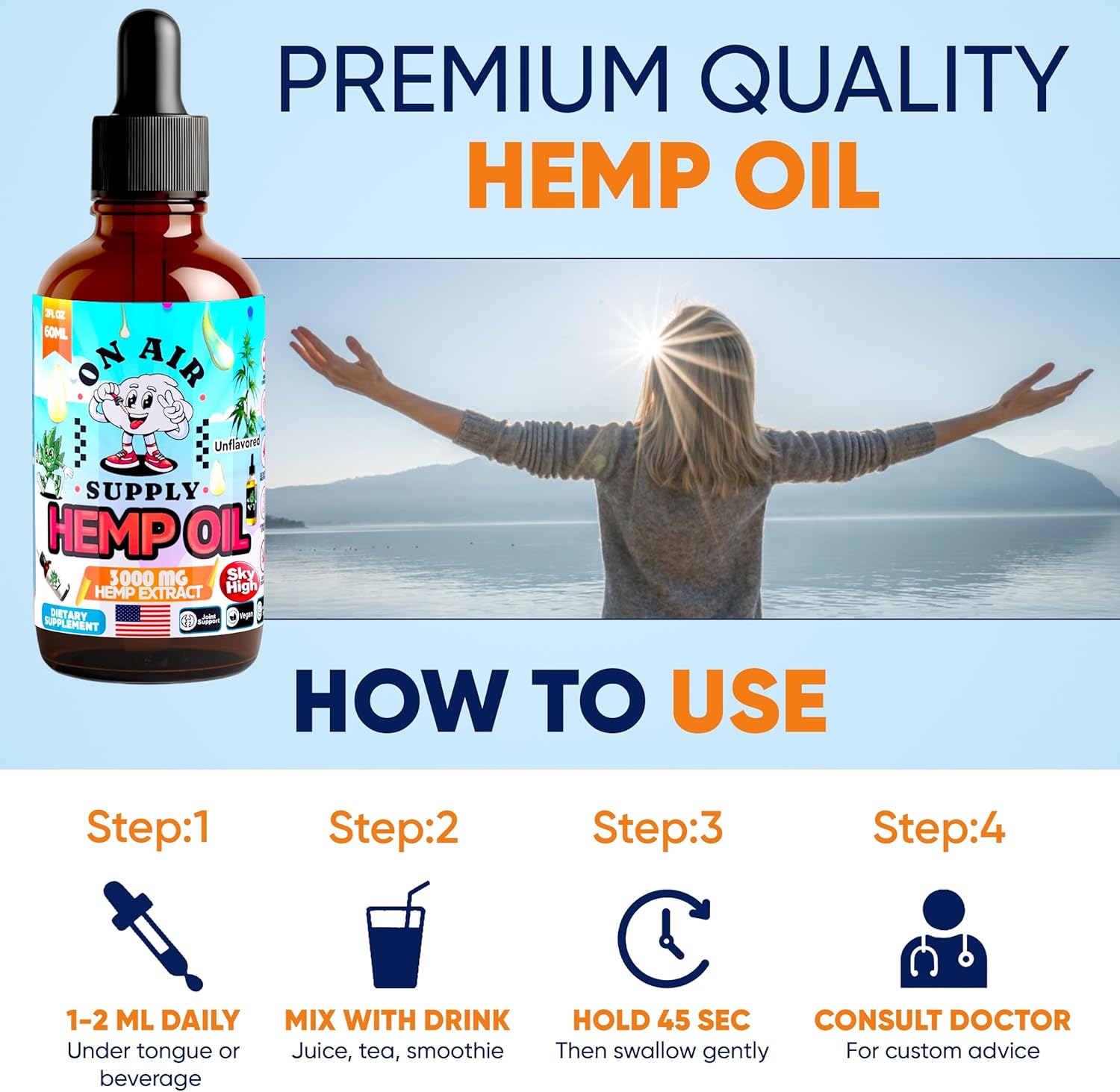 Hemp Oil - Organic Unflavored 2FL/60ML 3,000MG High Potency Drops Full-Spectrum Extract Hemp Oil for Skin & Hairs with Omega 3-6-9 & Vitamins C+E Natural Immune & Sleep Support – Made in USA - Image 6