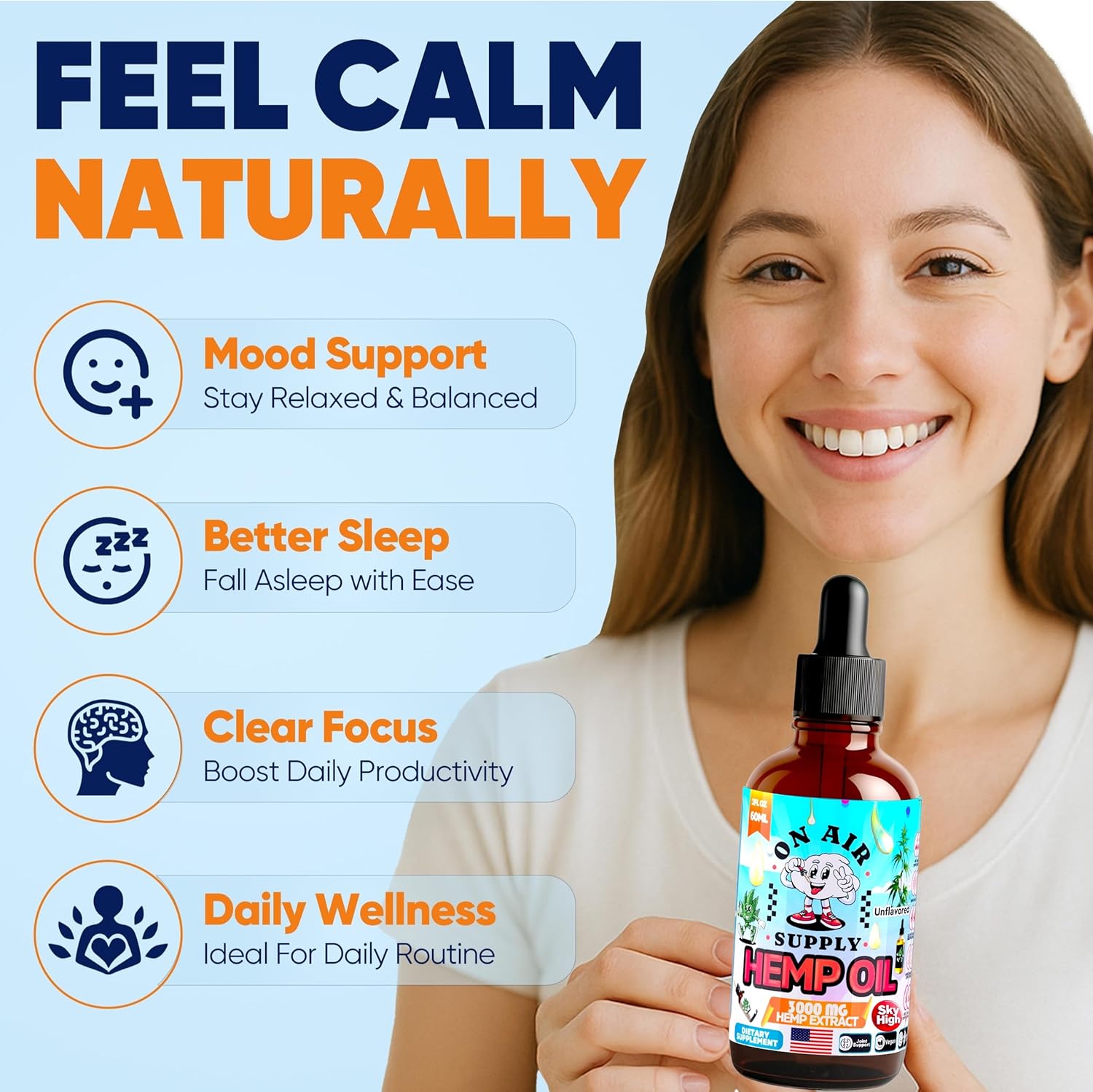 Hemp Oil - Organic Unflavored 2FL/60ML 3,000MG High Potency Drops Full-Spectrum Extract Hemp Oil for Skin & Hairs with Omega 3-6-9 & Vitamins C+E Natural Immune & Sleep Support – Made in USA - Image 2