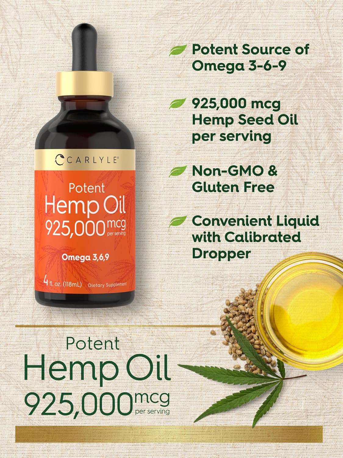 Carlyle Hemp Seed Oil 925,000 mcg | High Potency | Contains Omega 3,6,9 | Cold Pressed | Vegetarian, Non-GMO, Gluten Free - Image 4