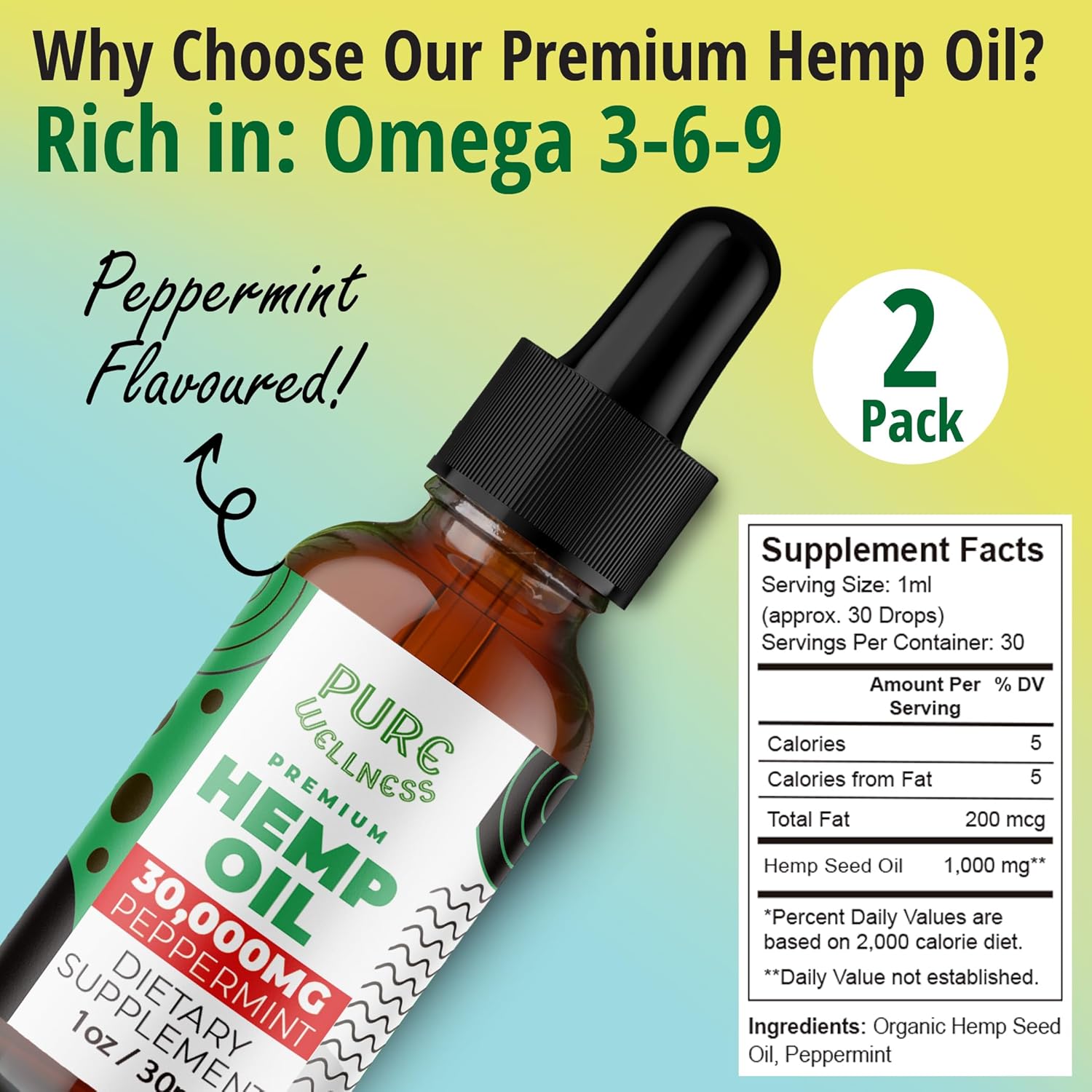 Organic Hemp Seed Oil (3 Oz), Peppermint Flavor, High Potency 30,000 mg - Helps in Natural Relief, Sleep, Relaxation & Mood, Transparent Hemp Oil Dosage, Non-Habit Forming - Non-GMO, Vegan - Image 2
