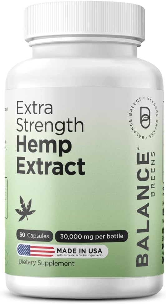 Balancebreens Hemp Extract Capsules 30,000 mg per Bottle - Natural Dietary Supplement Supports Brain Functions, Immune Support - Rich in Omega 3-6-9 Fatty Acids (60 Count (Pack of 1))