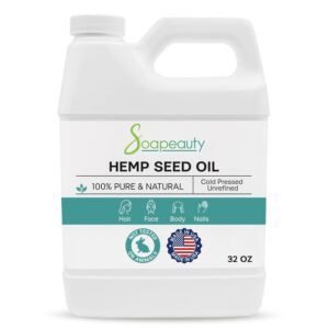 Soapeauty Hemp Seed Oil Unrefined Cold Pressed | Massage & Body Oil | for Skin, Face, Hair, and Soap Making | Carrier for Essential Oils | Rich in Omega Fatty Acids – 32 Fl Oz