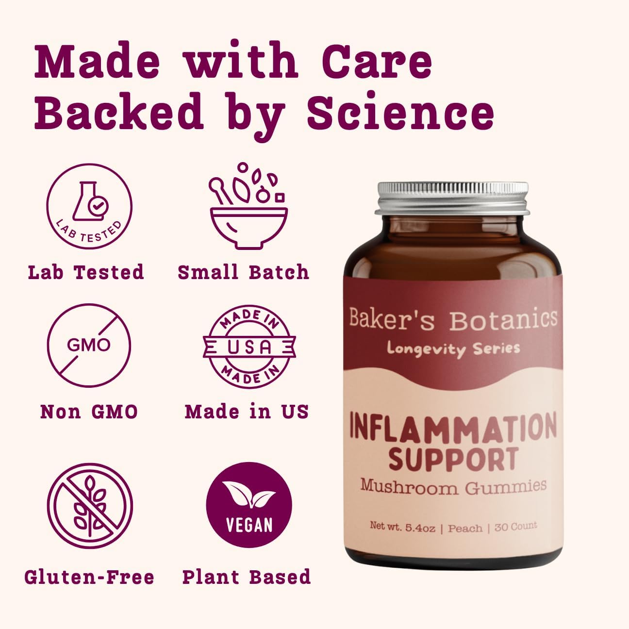 Baker's Botanics Longevity Inflammation Support Gummies - Mushroom Gummies for Complete Women Wellness | Chaga, Maitake, Turmeric, Astragalus & Zinc | Peach Flavor | Vegan, Gluten-Free, Non-GMO - Image 7