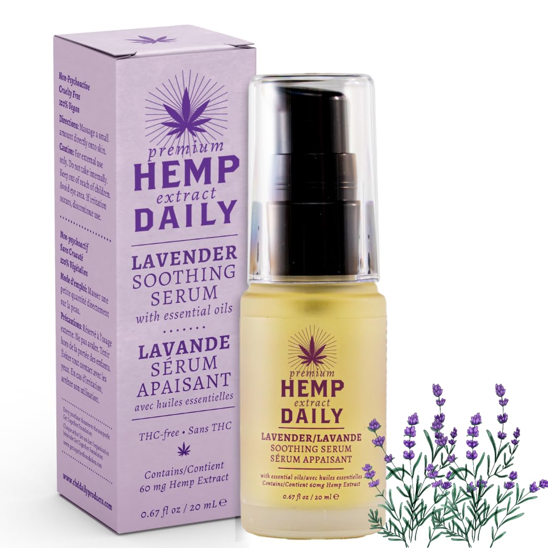 Hemp Daily Soothing Serum | Hemp Serum with Essential Oils | Vegan, Organic Ingredients | .67 Fluid Ounces (Lavender, Single)