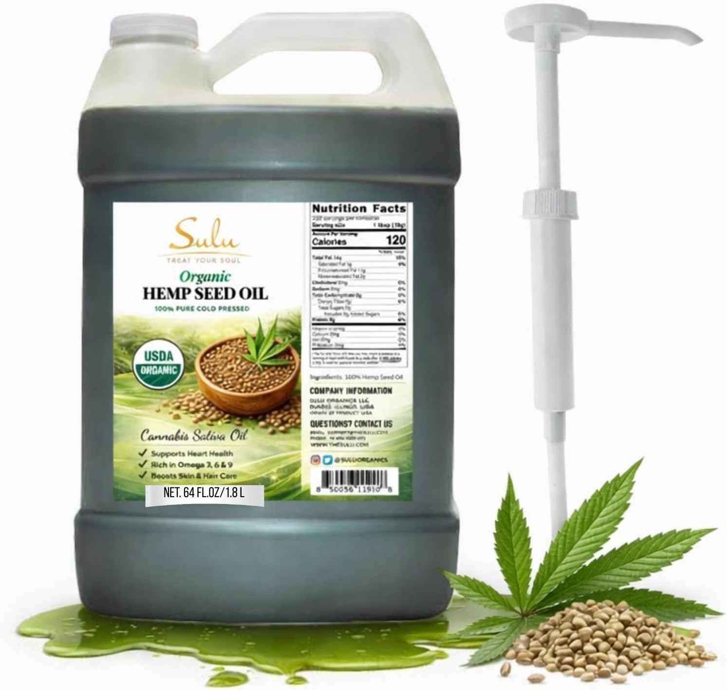 SULU ORGANICS 64 fl.oz USDA Organic Unrefined Cold Pressed Hemp Seed Oil
