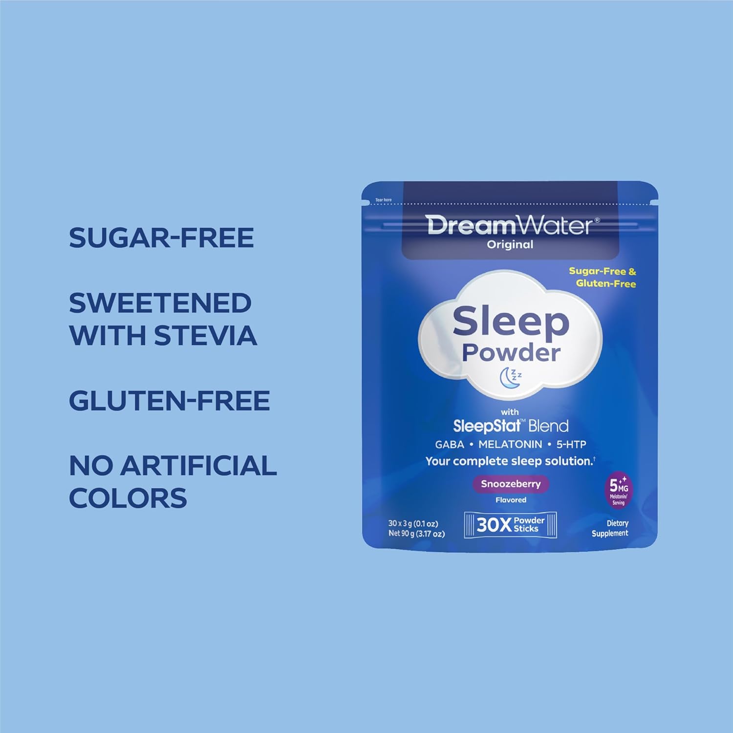 Dream Water Sleep Aid Powder; Melatonin 5mg, GABA, 5-HTP; Natural Flavors; Helps You to Fall Asleep, Fast, and Wake Refreshed; Snoozeberry, 30-Count. - Image 5