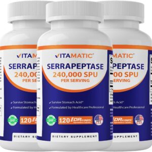Vitamatic Serrapeptase 240,000 SPU Servings, 120 Delayed Released Capsules - Enteric Coated - Non-GMO - Made in The USA (120 Count (Pack of 3))