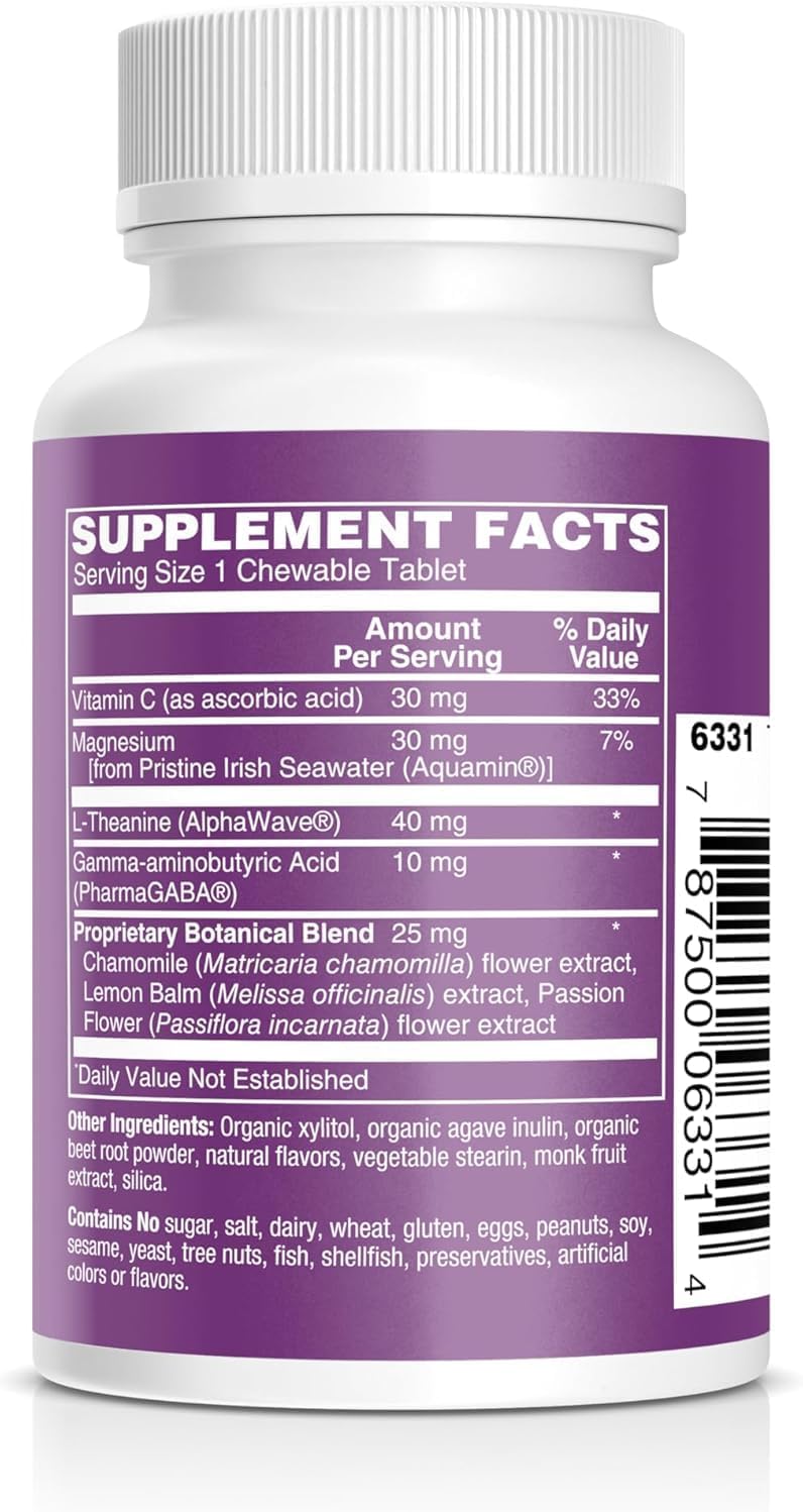 Kids Magnesium Chewable Tablets - Sugar-Free & Melatonin-Free Supplement for Calm, Focus & Healthy Stress Balance with Fast-Absorbing Magnesium + L-Theanine, Mixed Fruit Flavor (60 Count) - Image 2