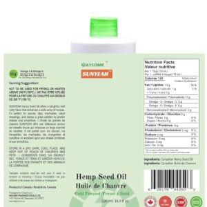 SUNYEAH Cold Pressed Hemp Seed Oil, 500 ml, Canadian, High in Omega 3 & 6, Keto Friendly