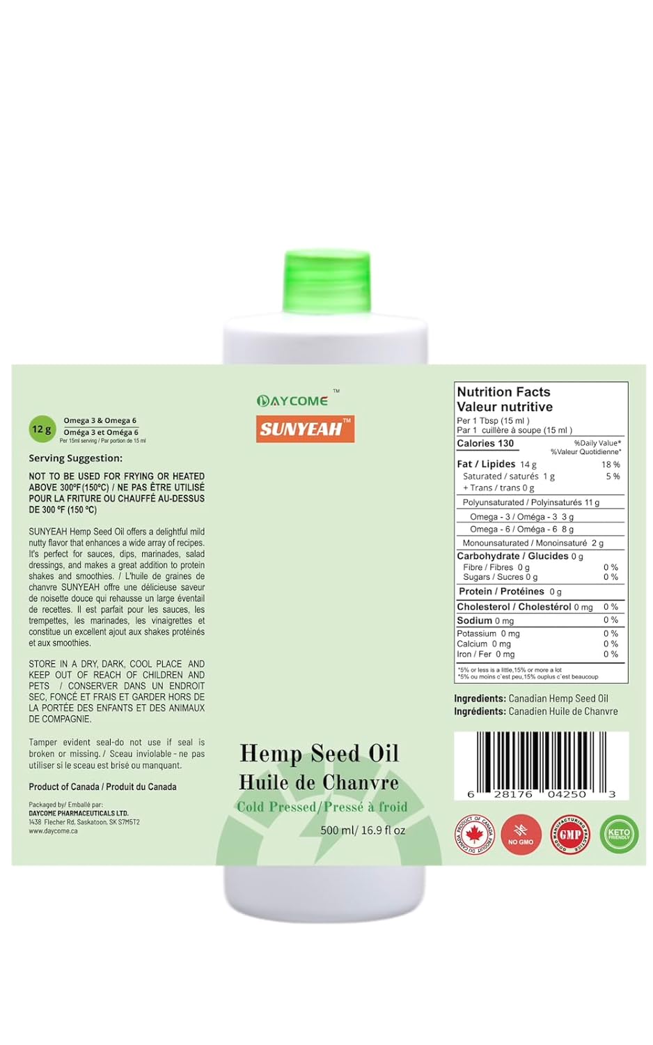 SUNYEAH Cold Pressed Hemp Seed Oil, 500 ml, Canadian, High in Omega 3 & 6, Keto Friendly