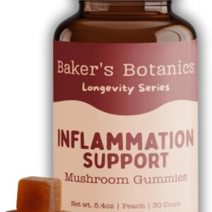 Baker's Botanics Longevity Inflammation Support Gummies - Mushroom Gummies for Complete Women Wellness | Chaga, Maitake, Turmeric, Astragalus & Zinc | Peach Flavor | Vegan, Gluten-Free, Non-GMO