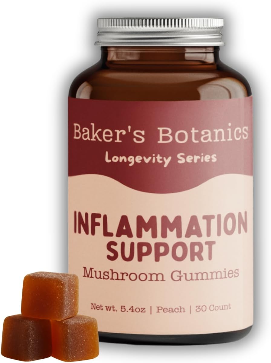 Baker's Botanics Longevity Inflammation Support Gummies - Mushroom Gummies for Complete Women Wellness | Chaga, Maitake, Turmeric, Astragalus & Zinc | Peach Flavor | Vegan, Gluten-Free, Non-GMO