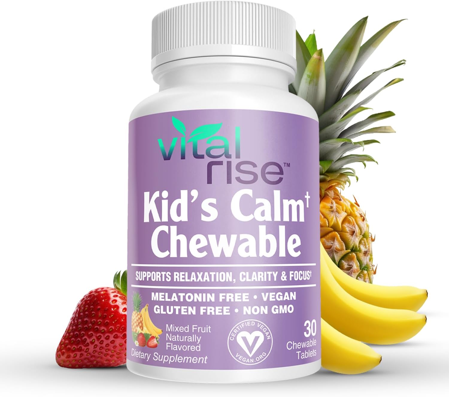 Kids Magnesium Chewable Tablets - Sugar-Free & Melatonin-Free Supplement for Calm, Focus & Healthy Stress Balance with Fast-Absorbing Magnesium + L-Theanine, Mixed Fruit Flavor (60 Count)