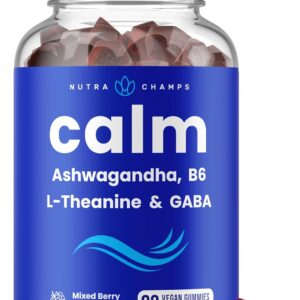 NutraChamps Calm Gummies, Stress Gummies Supplement with Ashwagandha, L-Theanine, GABA, Vitamin B6 & Lemon Balm, Supports Mood, Focus & Stress Relief, Natural Berry, 90 Gummies