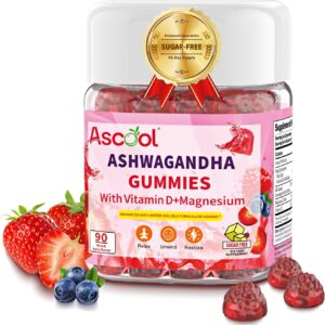 Ashwagandha Gummies for Stress Support & Relaxation with Magnesium + Vitamin D – 90 Count Sugar-Free, Vegan Ashwa Supplements
