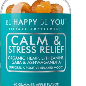 Calm & Stress Relief Gummies – with Organic Hemp Seed Oil, L-Theanine, GABA & Ashwagandha – Positive Mood & Relaxation Support – Vegan, Non-GMO, Pectin-Based – Apple Flavor – 90 Ct